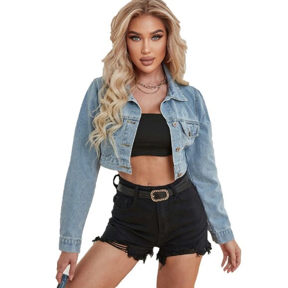 Cropped Denim Jacket Distressed Vintage Button Up Casual Fit